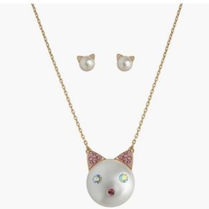 Betsey Johnson Pearl Cat Pendant & Earrings